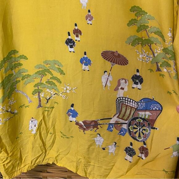 Vintage Yellow Japanese Happi Kimono Jacket Scenic Print one size orient Asian - Picture 10 of 11